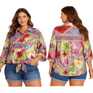 Cynthia Rowley NWT Floral Mixed Print 3/4 Sleeve Button Front Blouse Size 1X